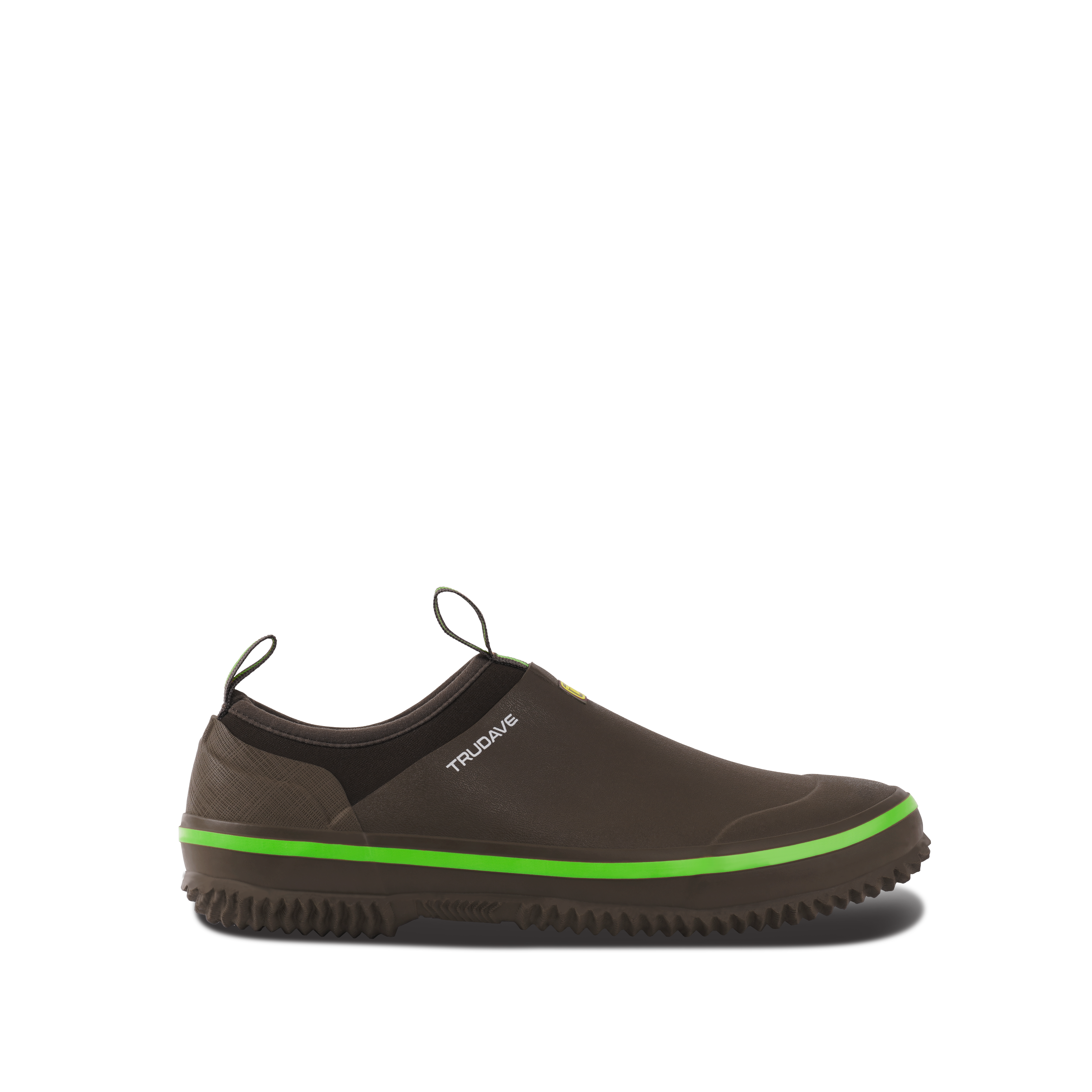 alt="Side view of Trudave GreenStep Series waterproof slip-on garden shoes in brown color, featuring durable rubber construction, breathable design, and comfortable fit ideal for gardening, yard work, and outdoor chores"